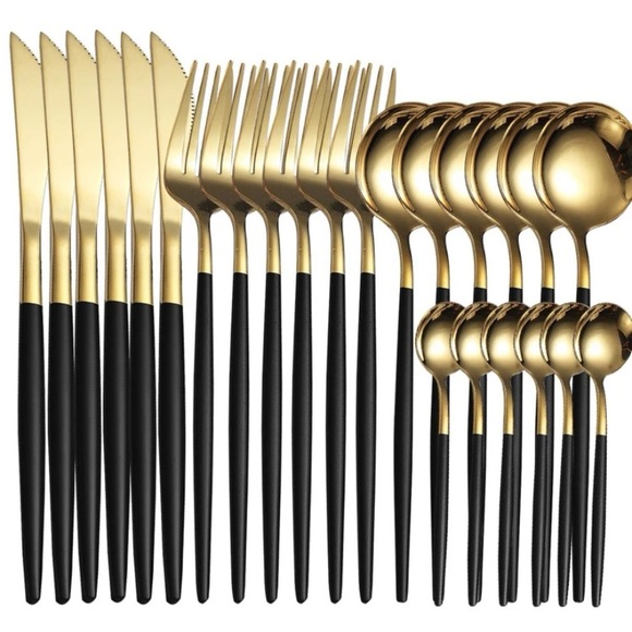 24 Piece Silverware Dinnerware Cutlery Set Black Gold Stainless Steel Elegant - Picture 12 of 12